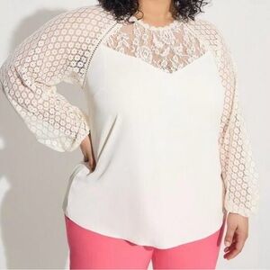 Torrid Ivory Georgette Lace Mix Sleeve Top - Size: 1X